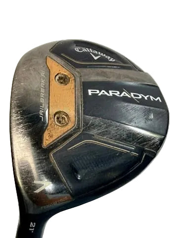 Used Callaway Paradym 7 wood sole close-up showing wear and 21 degree loft