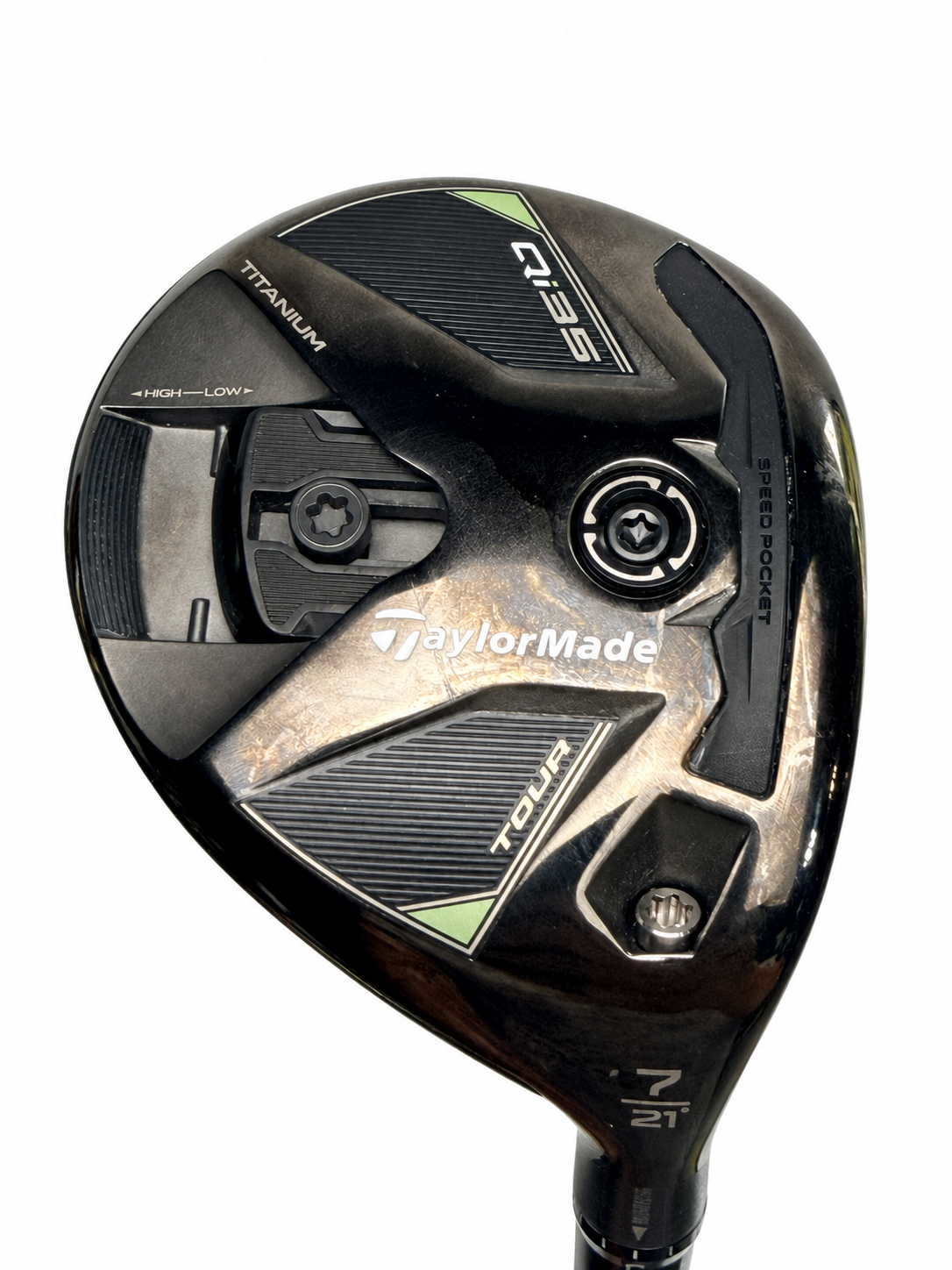TaylorMade Qi35 Tour 7 wood sole close-up - AI-edited white background