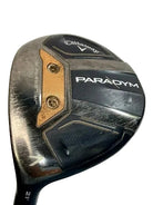 Used Callaway Paradym 7 wood sole close-up showing wear and 21 degree loft