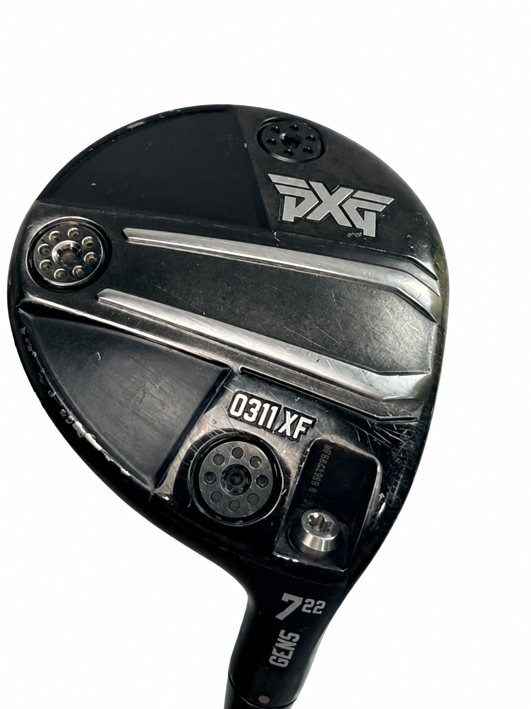 PXG 0311 XF GEN5 7 wood 22 degrees Cypher Fifty 6.0 stiff - sole close-up white background