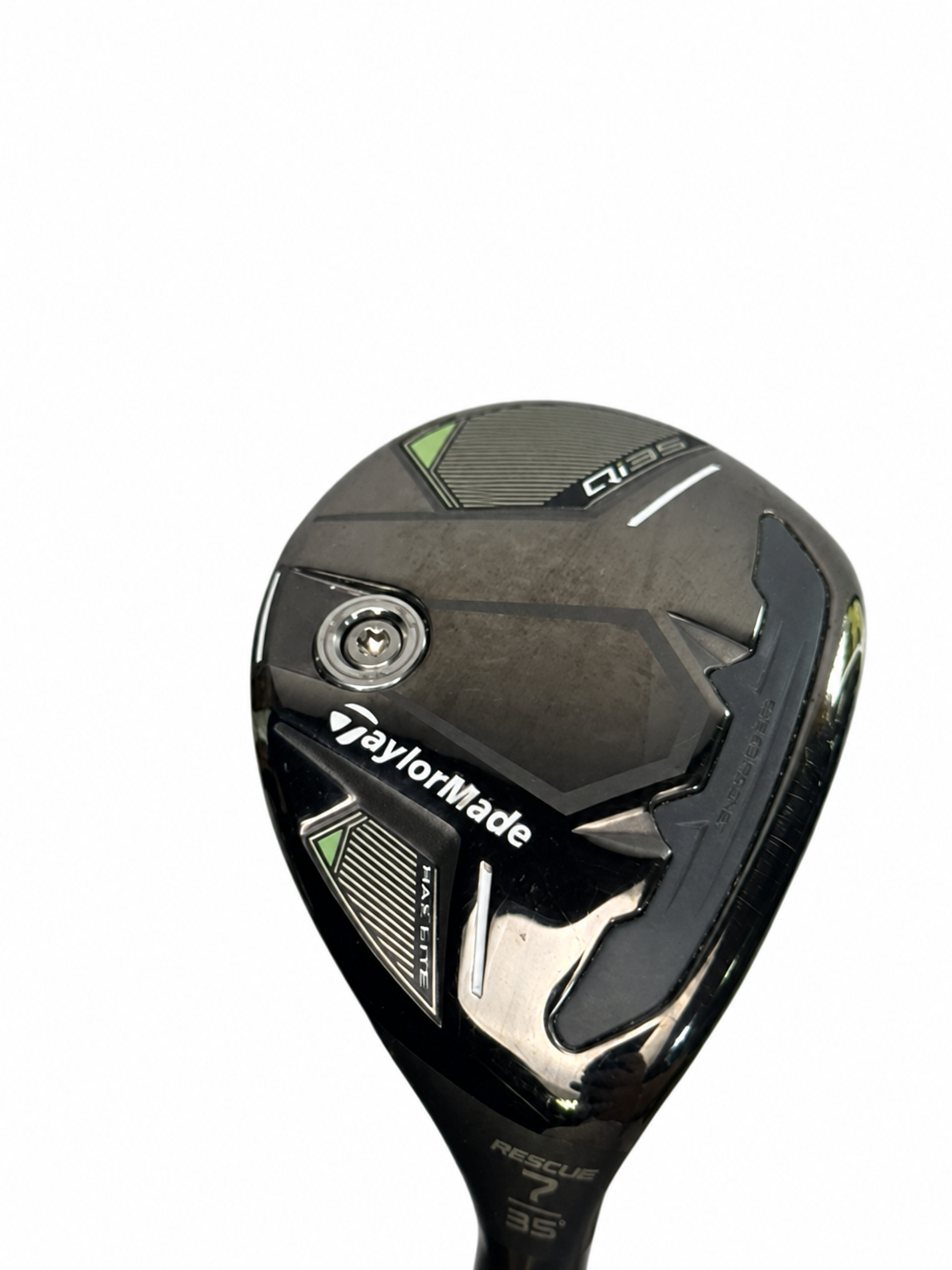 TaylorMade Qi35 Max Lite 7 hybrid - Sole view and 7 hybrid 35 degree marking, AI-edited white background
