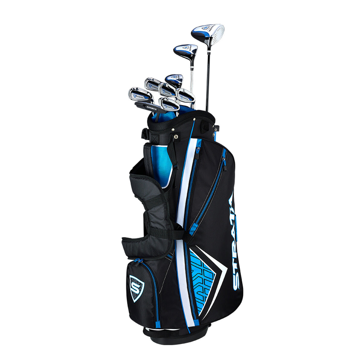 Manufacturer reference image of the Strata men's 12-piece blue and black complete golf set on white background