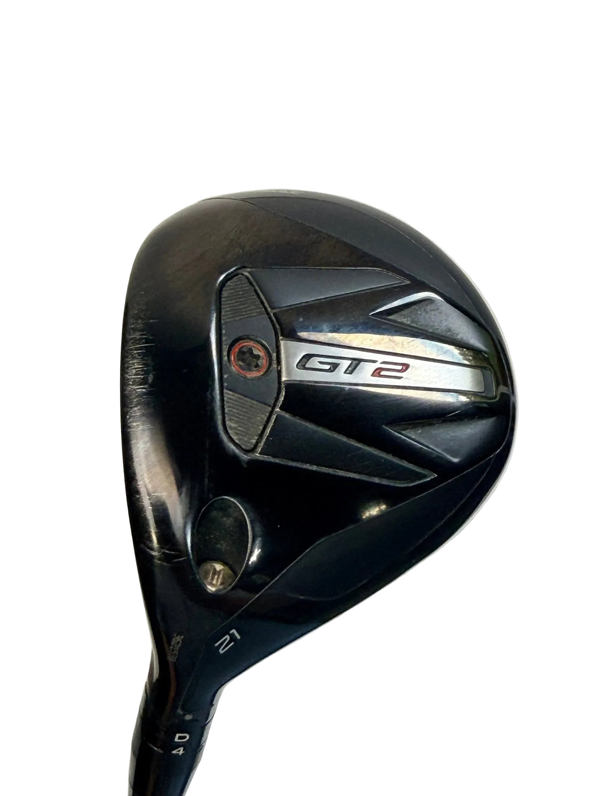 Titleist GT2 7 wood sole close-up showing 21 degree loft and play wear
